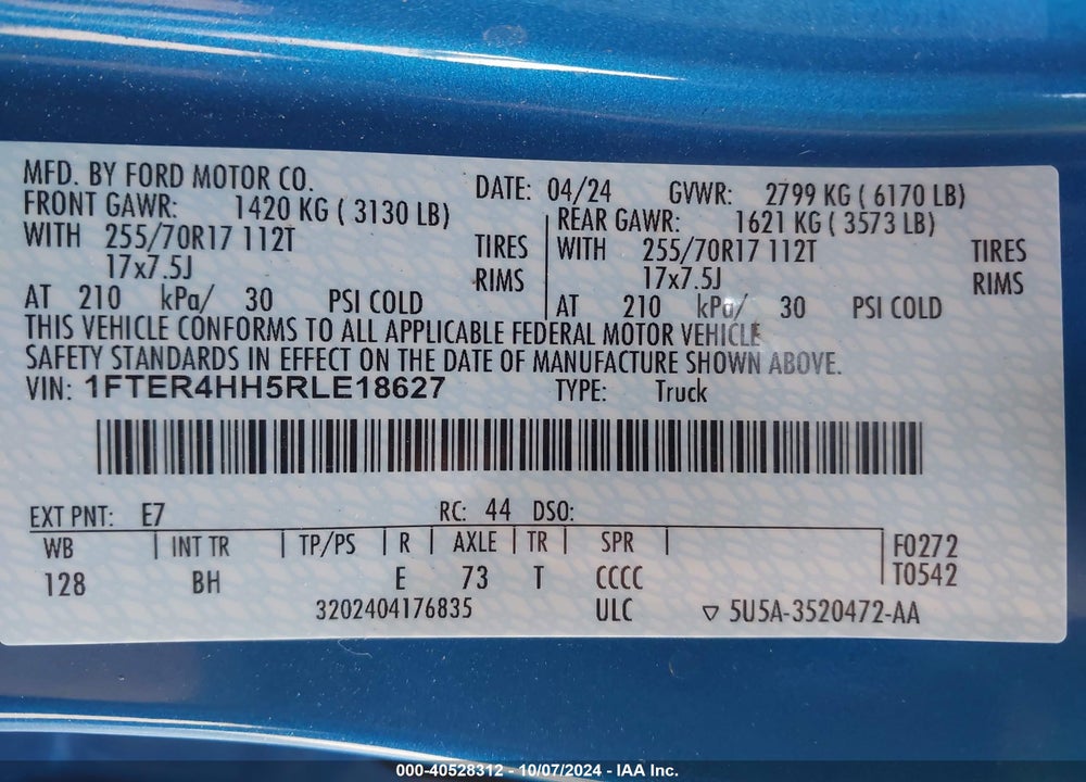 2024 FORD RANGER XLT VIN: 1FTER4HH5RLE18627