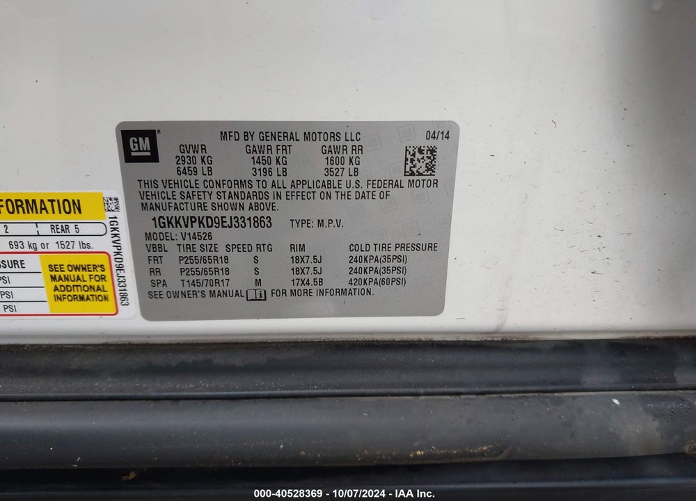 2014 GMC ACADIA SLE-2 VIN: 1GKKVPKD9EJ331863