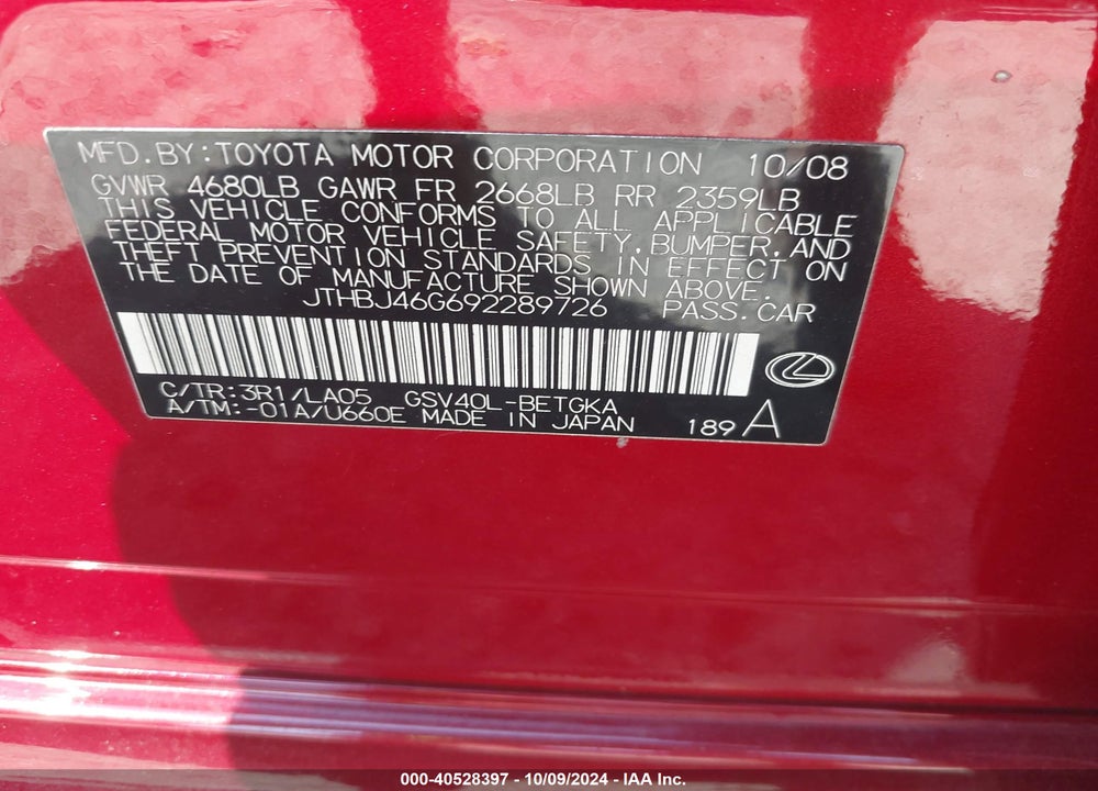 2009 LEXUS ES 350 VIN: JTHBJ46G692289726