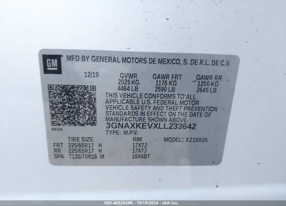 2020 CHEVROLET EQUINOX FWD LT 1.5L TURBO VIN: 3GNAXKEVXLL233642