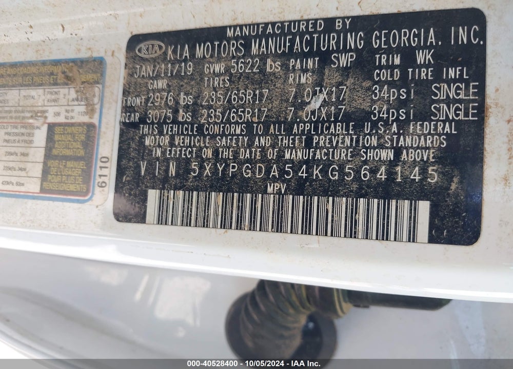 2019 KIA SORENTO 3.3L LX VIN: 5XYPGDA54KG564145