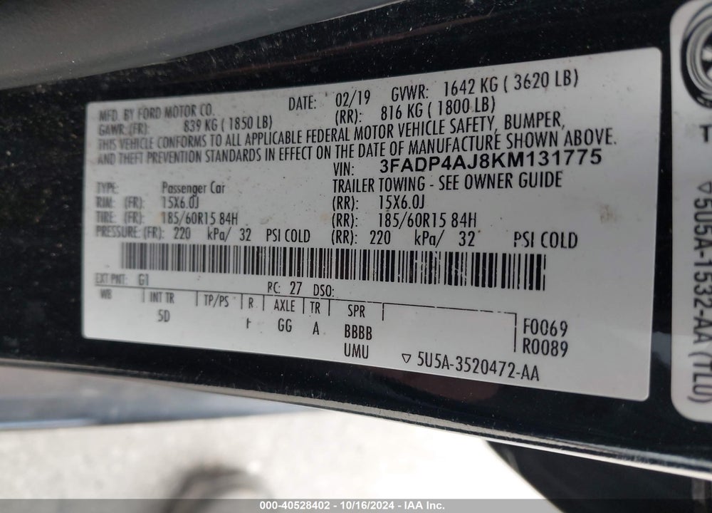 2019 FORD FIESTA S VIN: 3FADP4AJ8KM131775