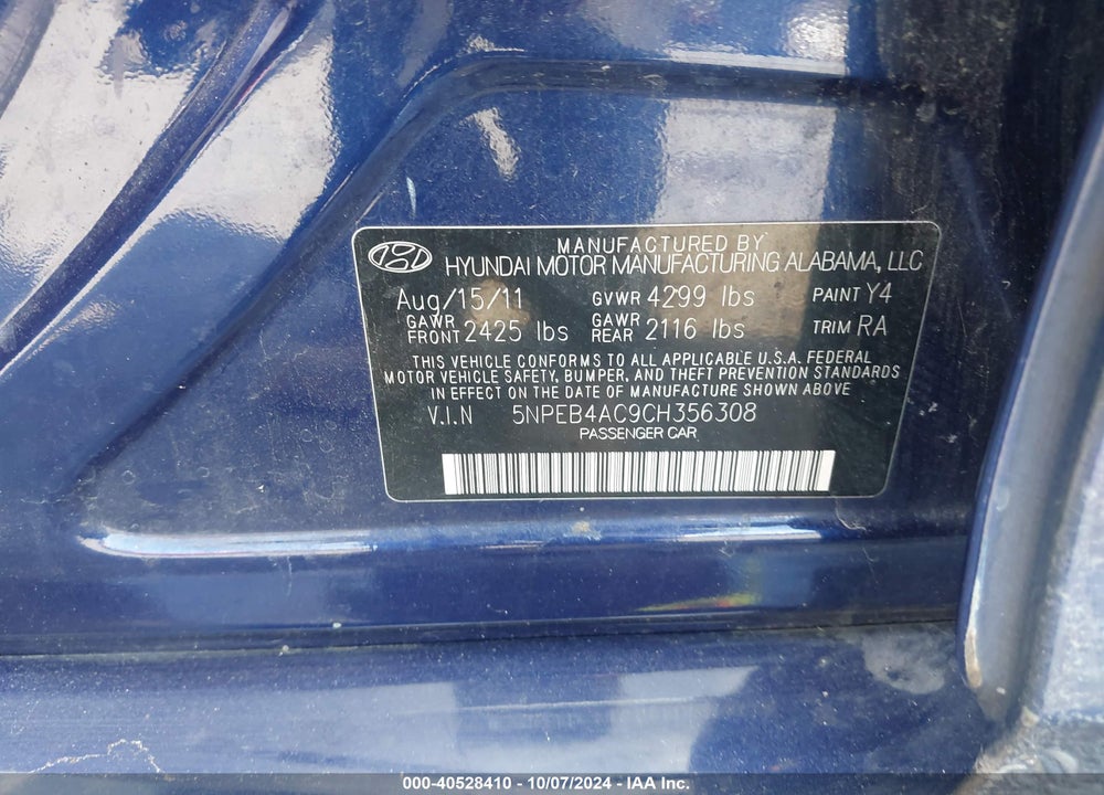 2012 HYUNDAI SONATA GLS VIN: 5NPEB4AC9CH356308