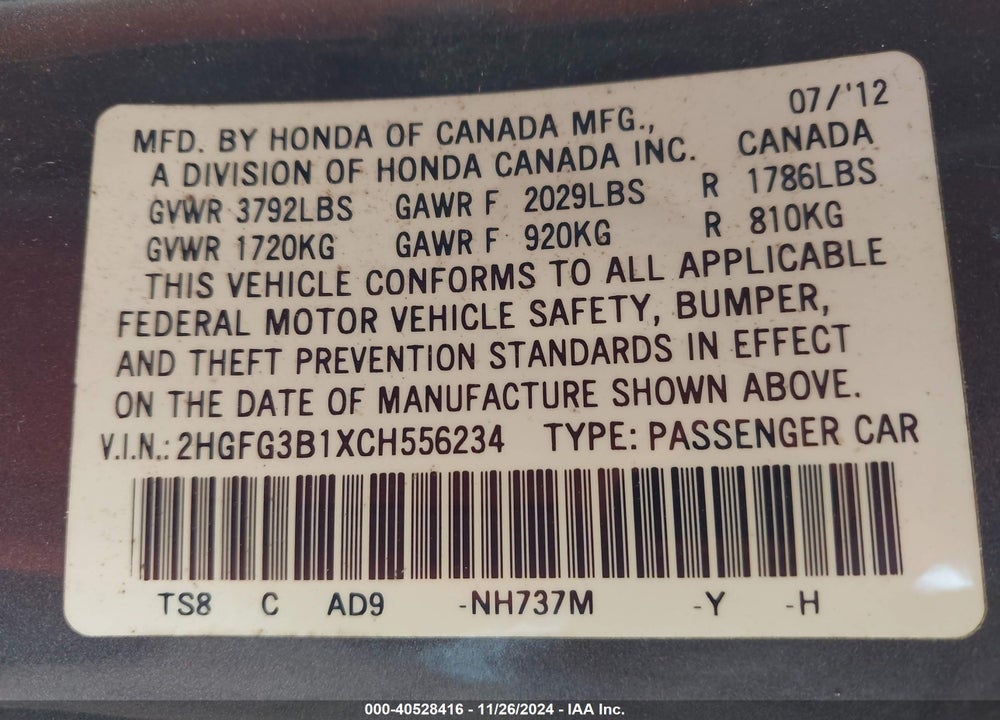 2012 HONDA CIVIC EX-L VIN: 2HGFG3B1XCH556234