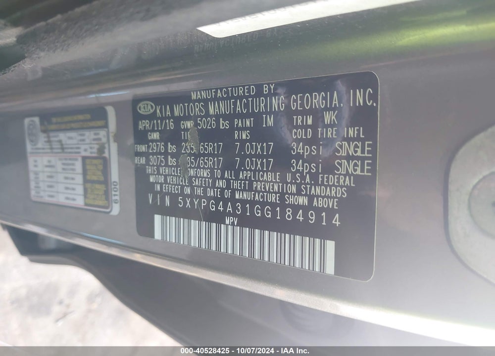 2016 KIA SORENTO 2.4L L VIN: 5XYPG4A31GG184914