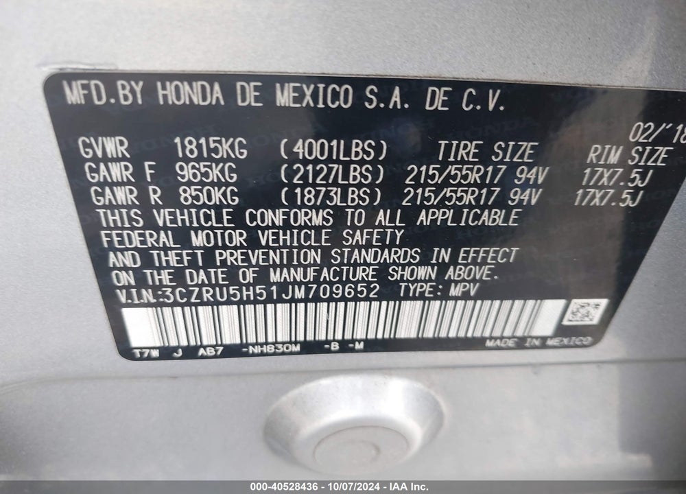2018 HONDA HR-V EX VIN: 3CZRU5H51JM709652