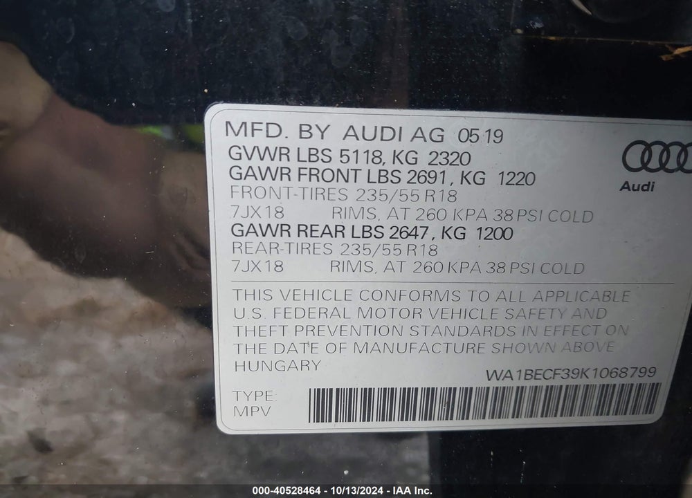 2019 AUDI Q3 2.0T PREMIUM VIN: WA1BECF39K1068799