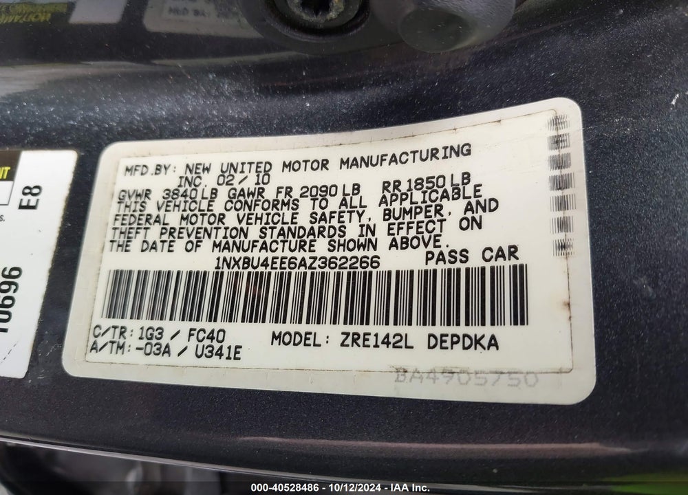 2010 TOYOTA COROLLA LE VIN: 1NXBU4EE6AZ362266