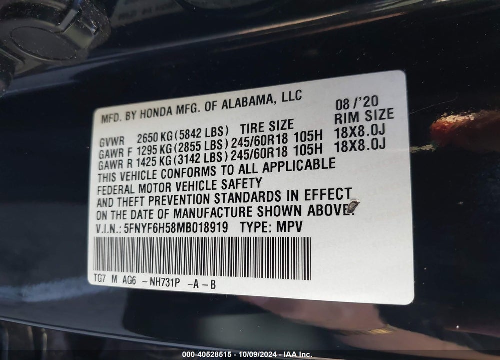 2021 HONDA PILOT AWD EX-L VIN: 5FNYF6H58MB018919