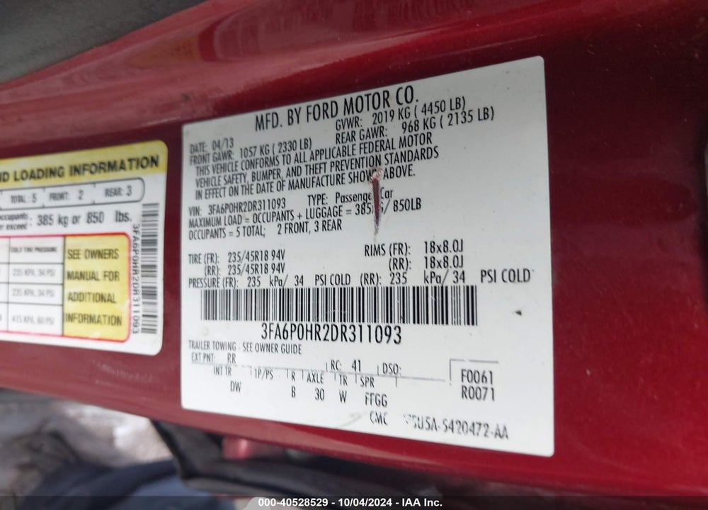 2013 FORD FUSION SE VIN: 3FA6P0HR2DR311093