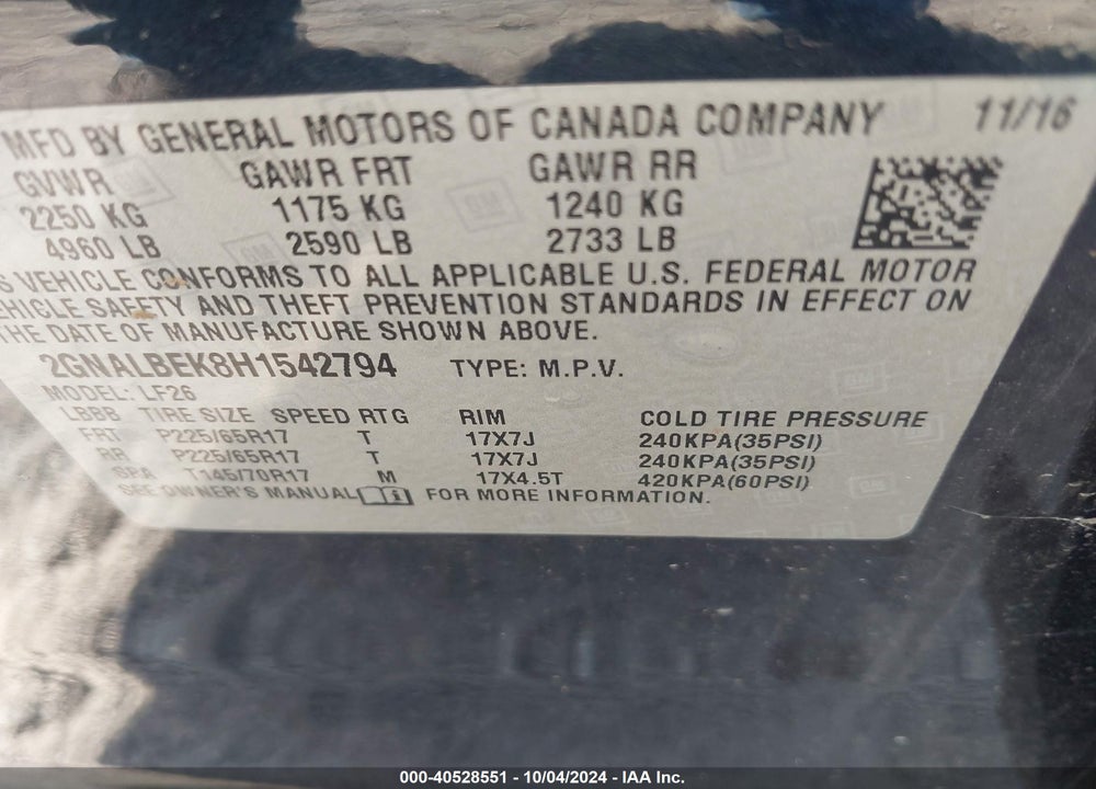 2017 CHEVROLET EQUINOX LS VIN: 2GNALBEK8H1542794