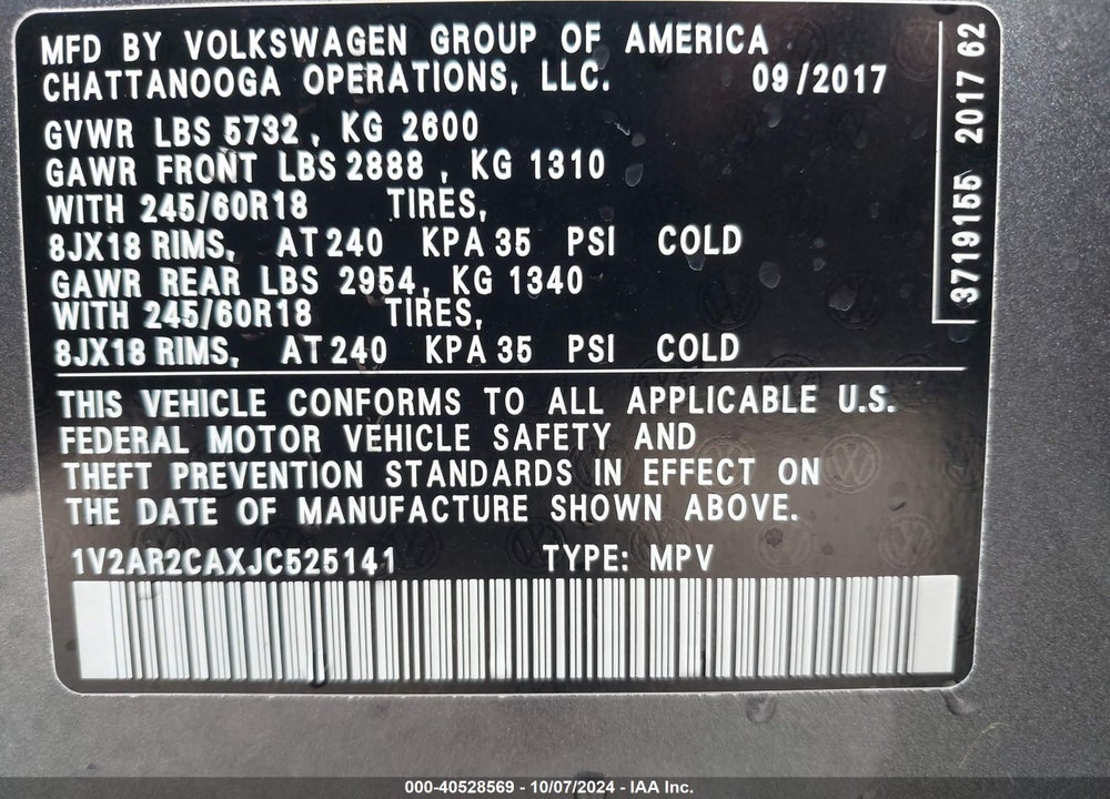 2018 VOLKSWAGEN ATLAS 3.6L V6 S VIN: 1V2AR2CAXJC525141