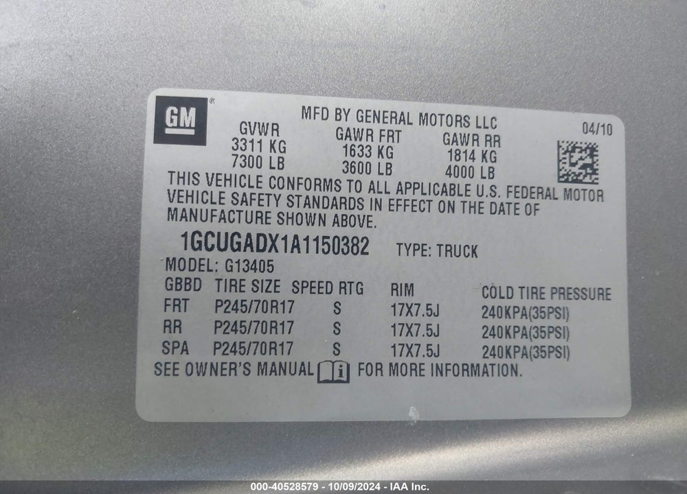 2010 CHEVROLET EXPRESS 1500 WORK VAN VIN: 1GCUGADX1A1150382