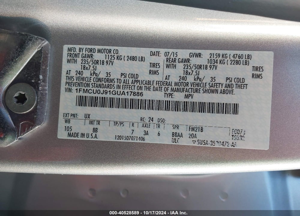 2016 FORD ESCAPE TITANIUM VIN: 1FMCU0J91GUA17886