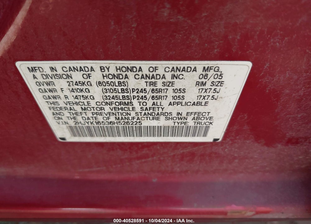 2006 HONDA RIDGELINE RTL VIN: 2HJYK16536H526225