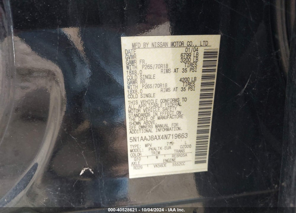 2004 NISSAN PATHFINDER ARMADA SE VIN: 5N1AA08AX4N719663