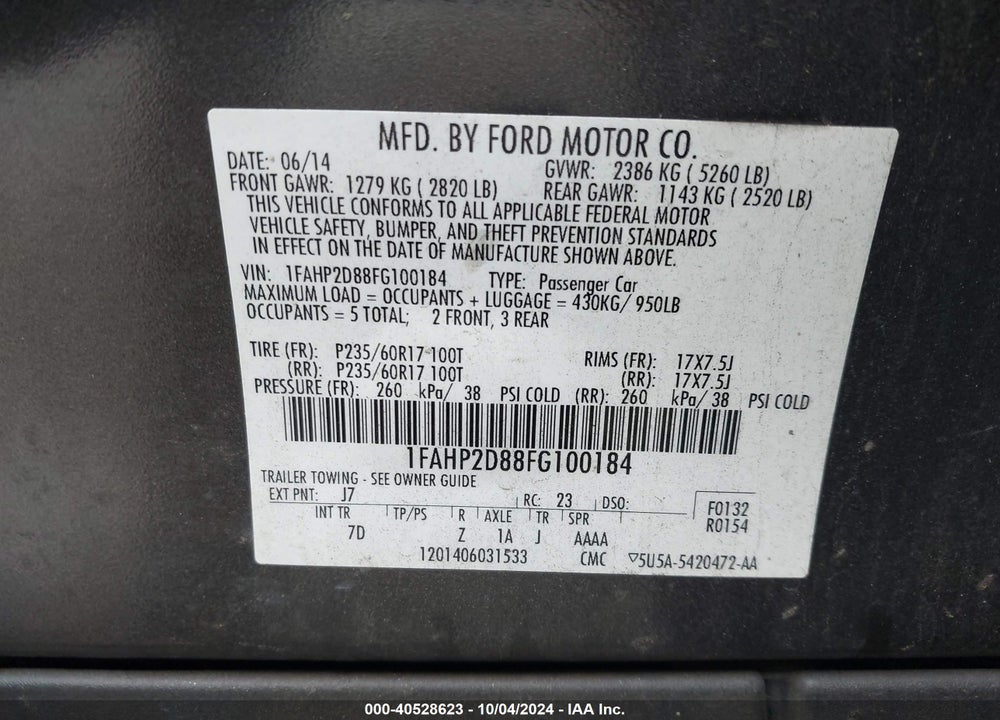 2015 FORD TAURUS SE VIN: 1FAHP2D88FG100184