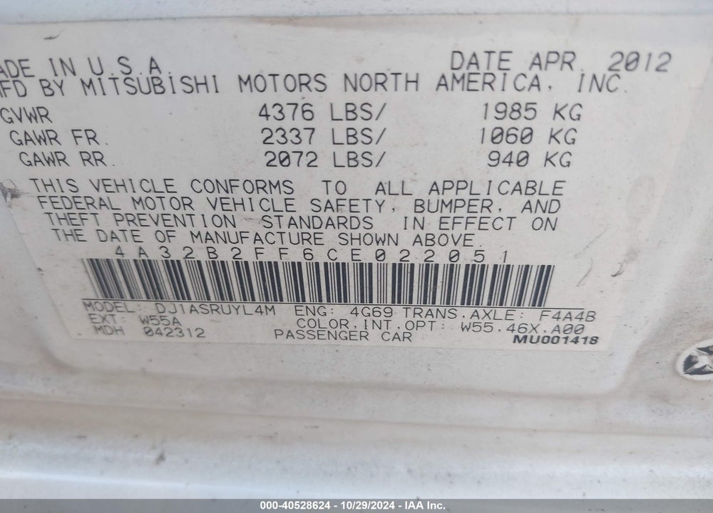 2012 MITSUBISHI GALANT FE VIN: 4A32B2FF6CE022051