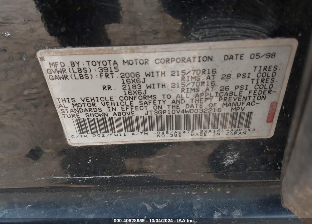 1998 TOYOTA RAV4 VIN: JT3GP10V4W0032216