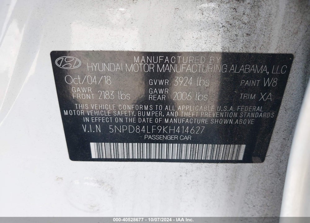 2019 HYUNDAI ELANTRA SEL VIN: 5NPD84LF9KH414627