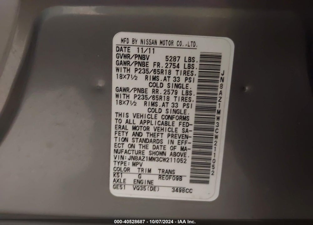 2012 NISSAN MURANO SL VIN: JN8AZ1MW3CW211052