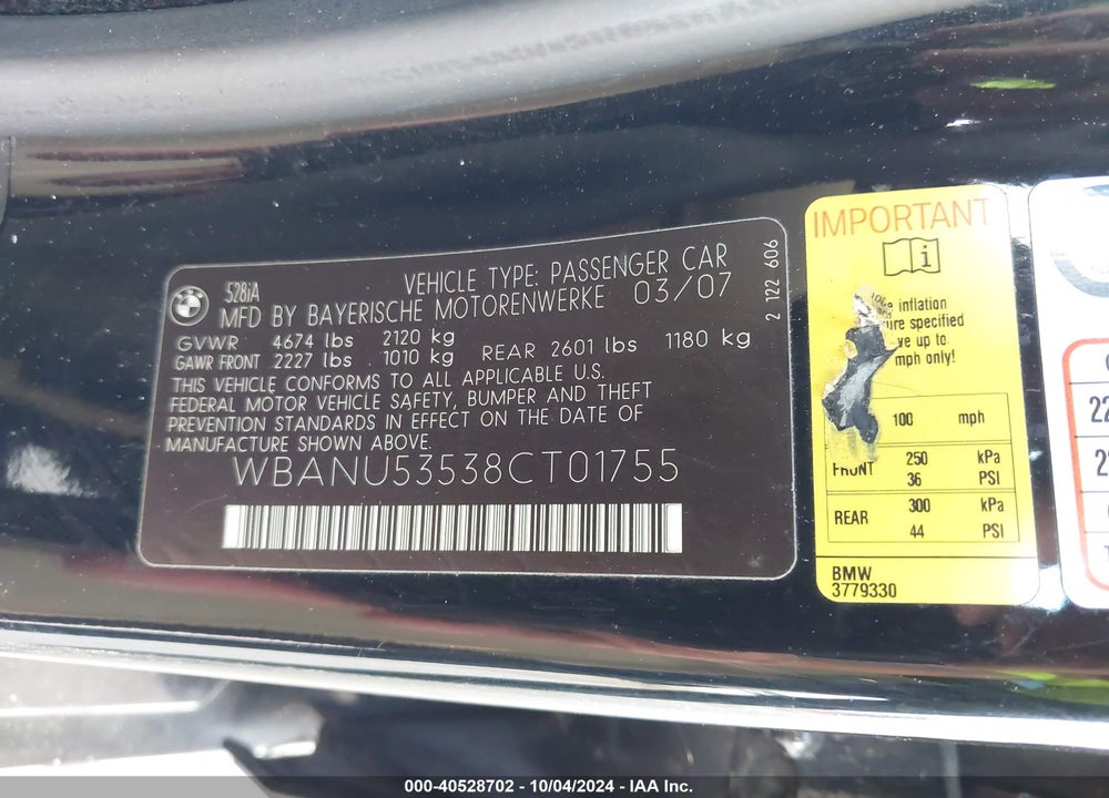 2008 BMW 528I VIN: WBANU53538CT01755