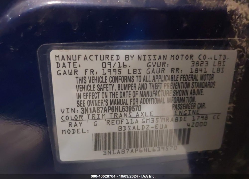 2017 NISSAN SENTRA SV VIN: 3N1AB7AP6HL639570
