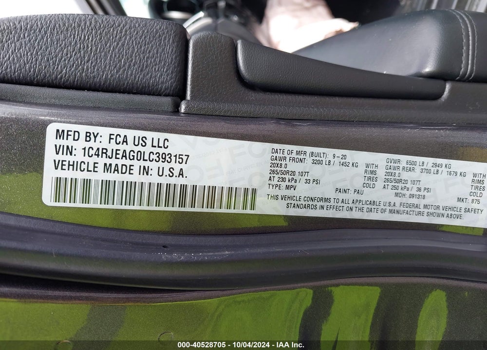 2020 CHEROKEE JEEP GRAND  ALTITUDE 4X2 VIN: 1C4RJEAG0LC393157