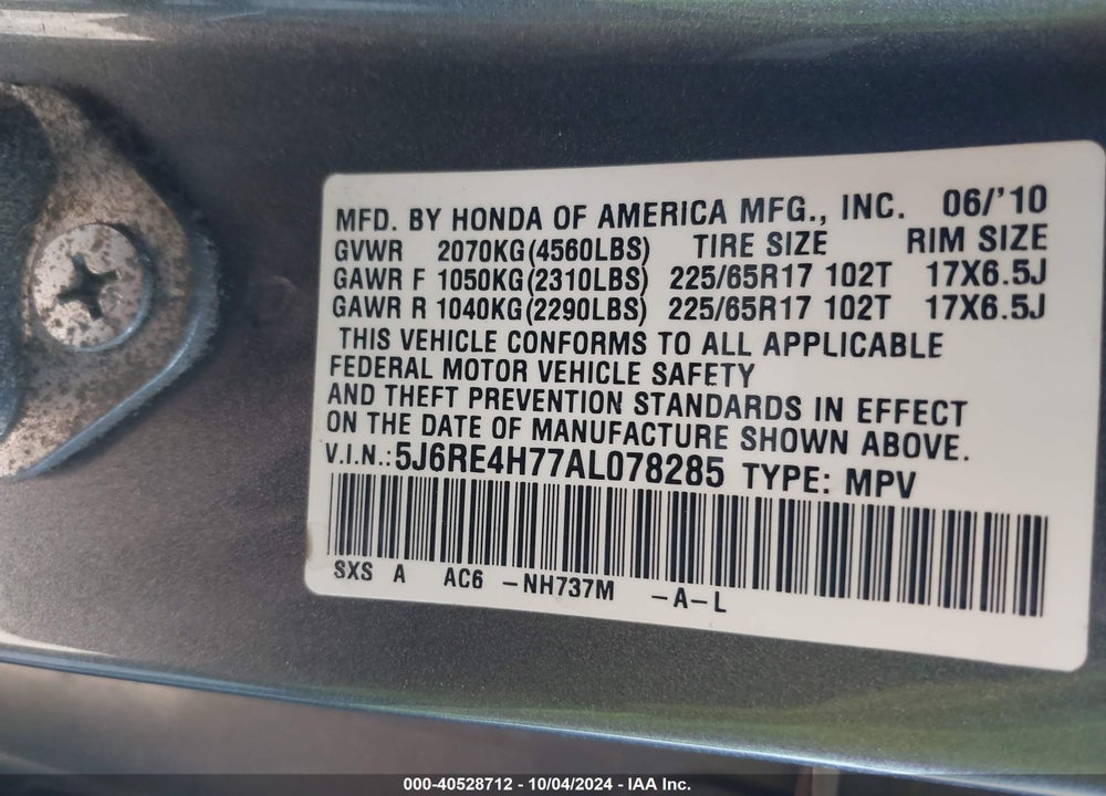 2010 HONDA CR-V EX-L VIN: 5J6RE4H77AL078285