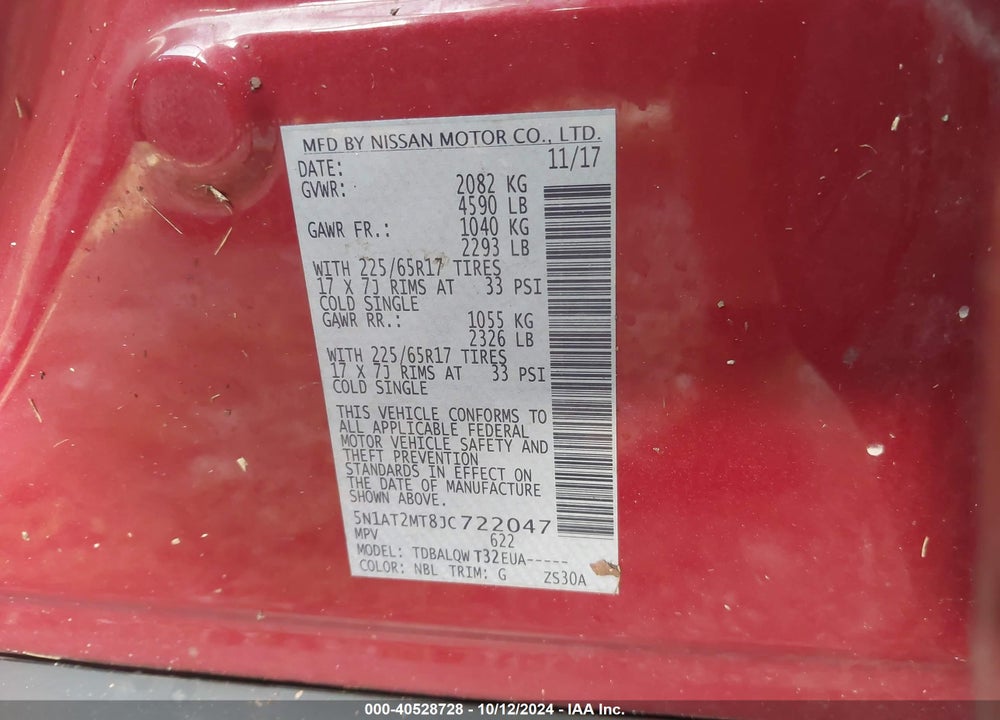 2018 NISSAN ROGUE SV VIN: 5N1AT2MT8JC722047