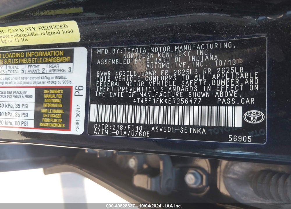 2014 TOYOTA CAMRY LE VIN: 4T4BF1FKXER356477