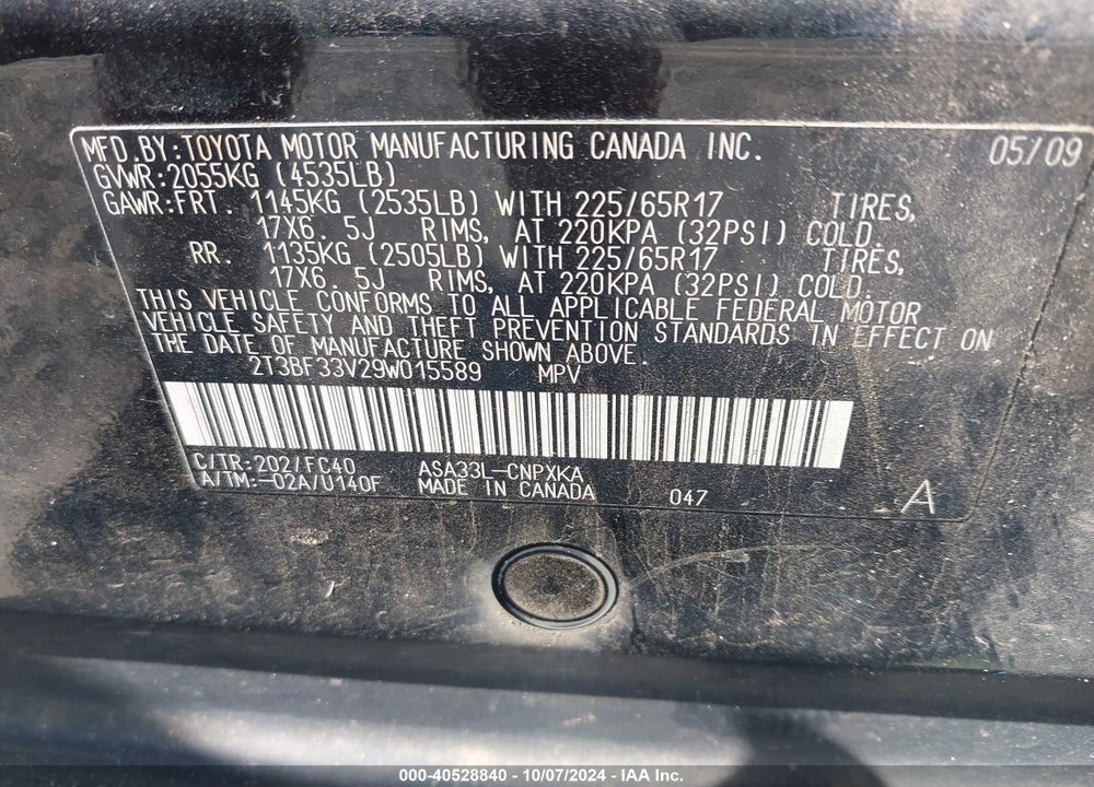2009 TOYOTA RAV4 VIN: 2T3BF33V29W015589