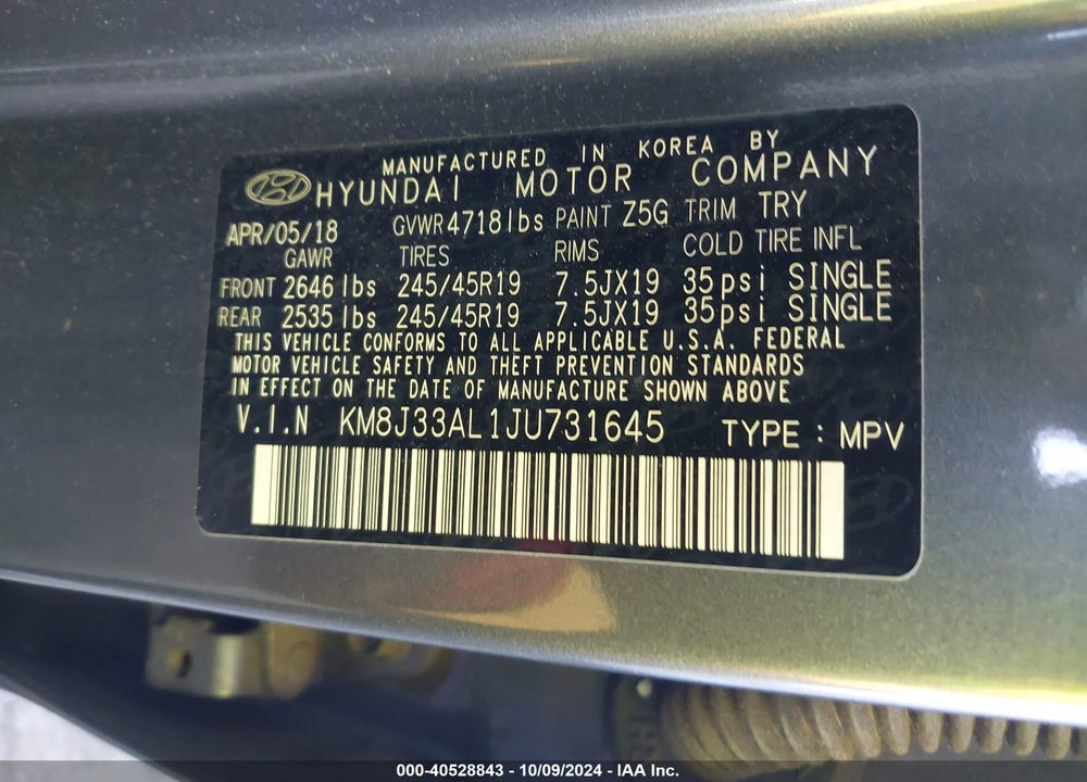 2018 HYUNDAI TUCSON SPORT VIN: KM8J33AL1JU731645