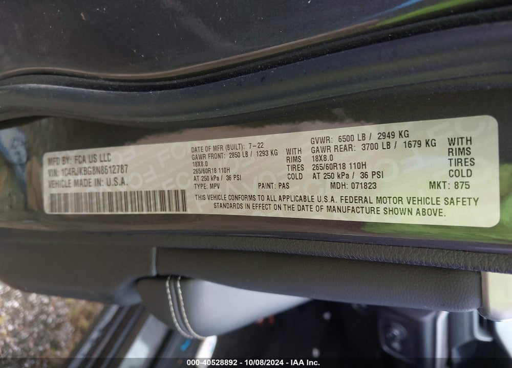 2022 JEEP GRAND CHEROKEE VIN: 1C4RJKBG8N8612787