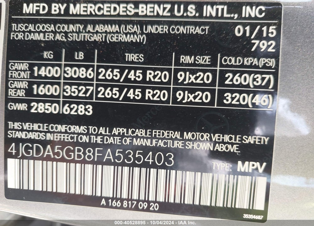 2015 MERCEDES-BENZ M-CLASS ML 400 VIN: 4JGDA5GB8FA535403