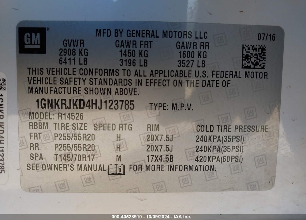 2017 CHEVROLET TRAVERSE PREMIER VIN: 1GNKRJKD4HJ123785