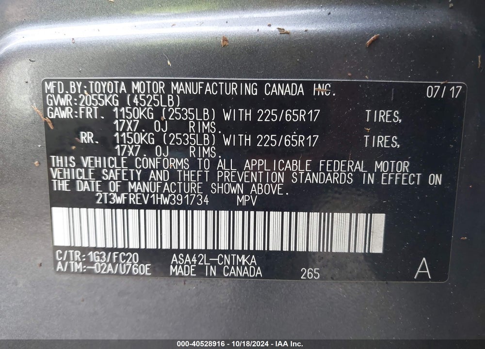 2017 TOYOTA RAV4 XLE VIN: 2T3WFREV1HW391734