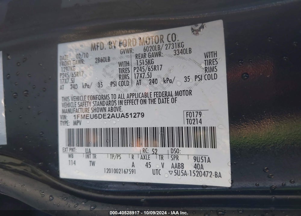 2010 FORD EXPLORER XLT VIN: 1FMEU6DE2AUA51279