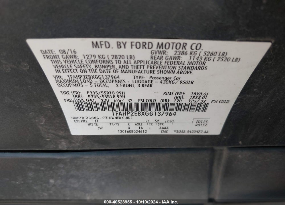 2016 FORD TAURUS SEL VIN: 1FAHP2E8XGG137964