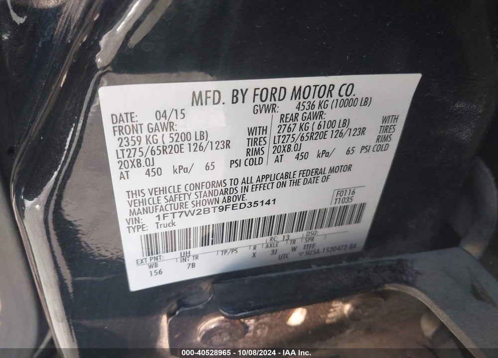 2015 FORD F-250 LARIAT VIN: 1FT7W2BT9FED35141