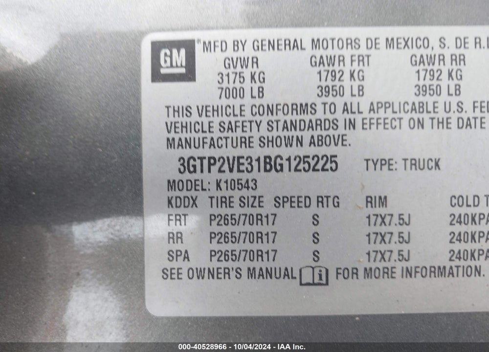 2011 GMC SIERRA 1500 VIN: 3GTP2VE31BG125225