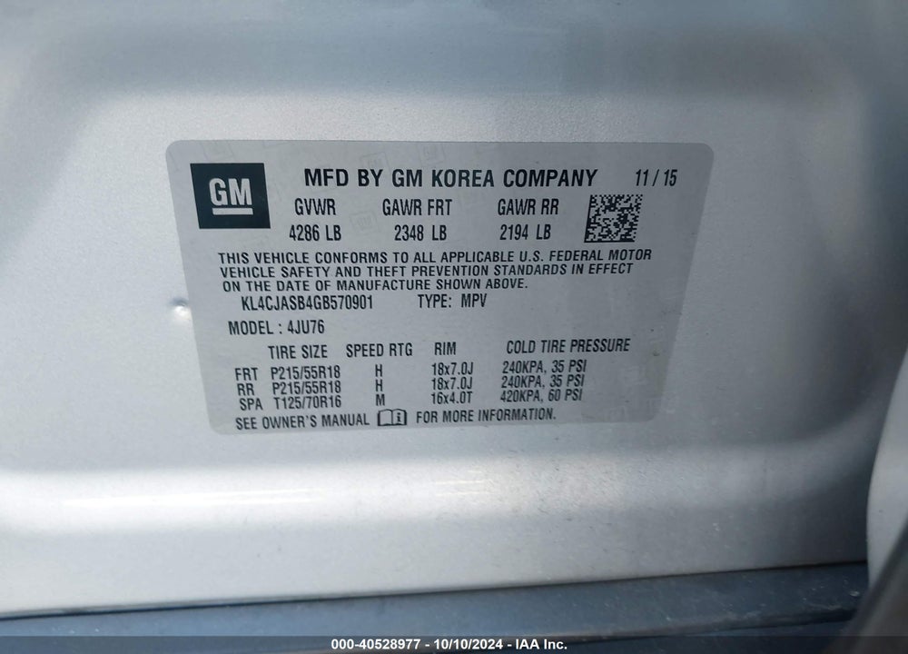 2016 BUICK ENCORE VIN: KL4CJASB4GB570901