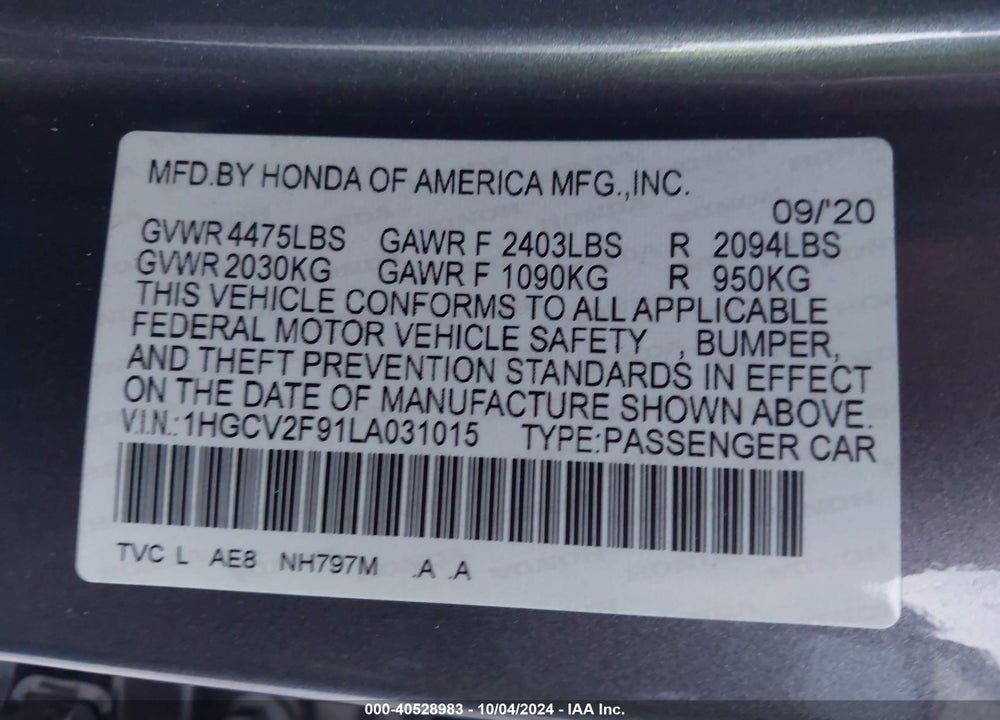 2020 HONDA ACCORD TOURING VIN: 1HGCV2F91LA031015