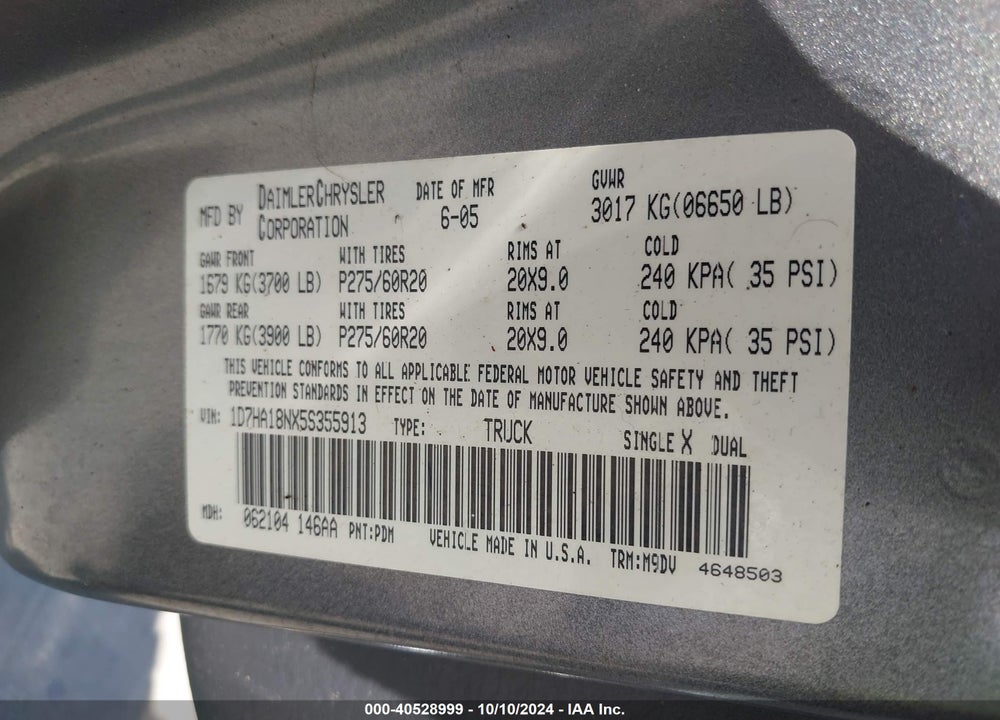 2005 DODGE RAM 1500 SLT/LARAMIE VIN: 1D7HA18NX5S355913