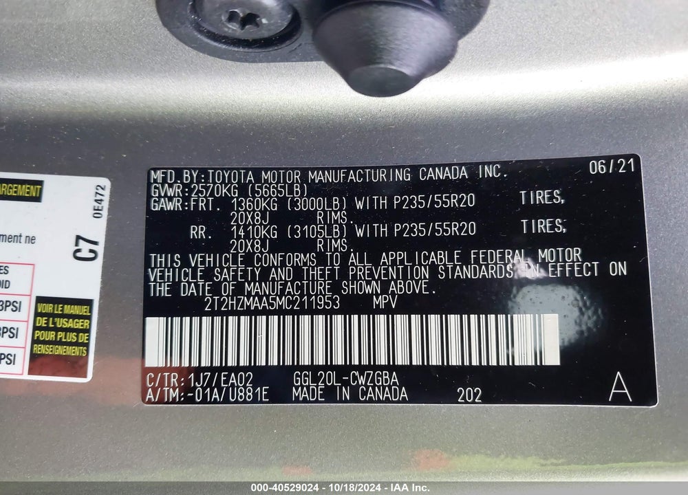 2021 LEXUS RX 350 VIN: 2T2HZMAA5MC211953