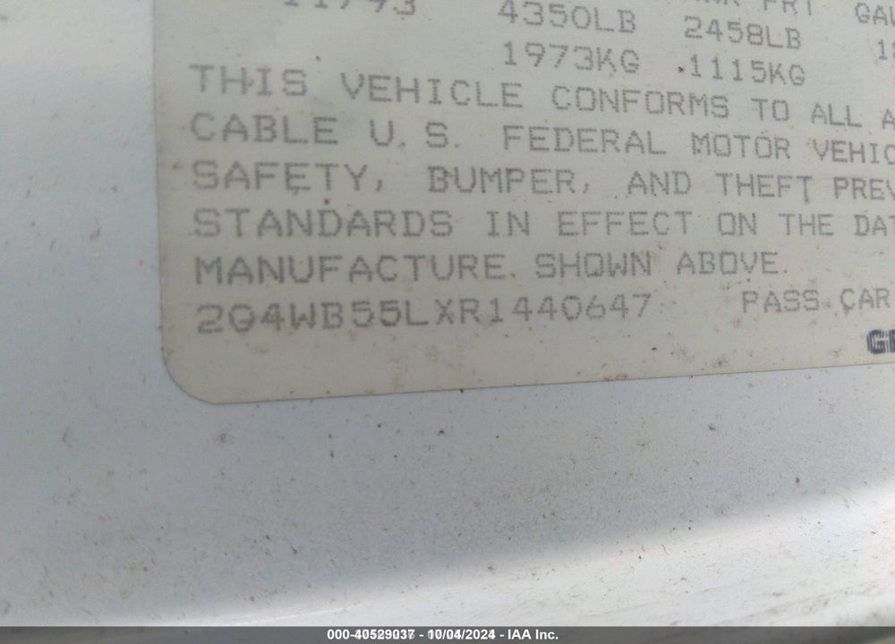 1994 BUICK REGAL CUSTOM VIN: 2G4WB55LXR1440647