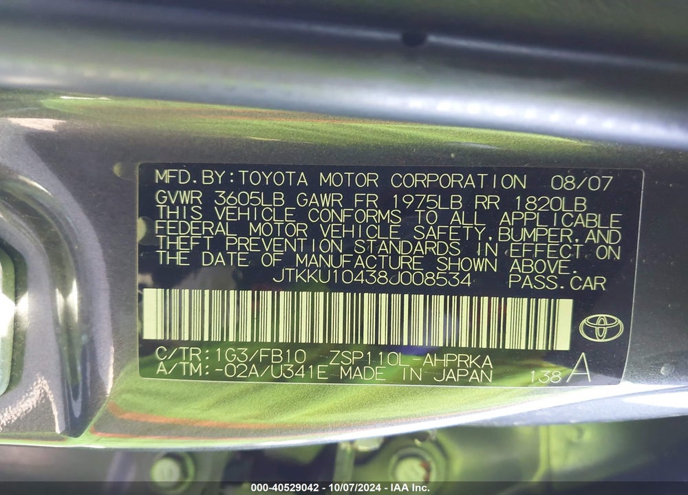 2008 SCION XD VIN: JTKKU10438J008534