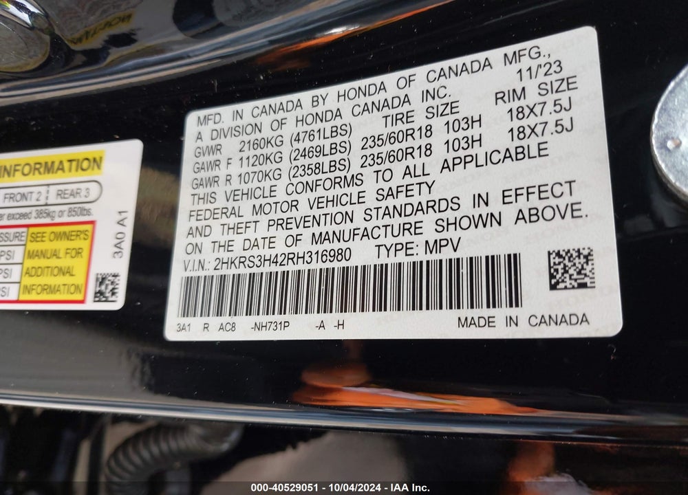 2024 HONDA CR-V EX 2WD VIN: 2HKRS3H42RH316980