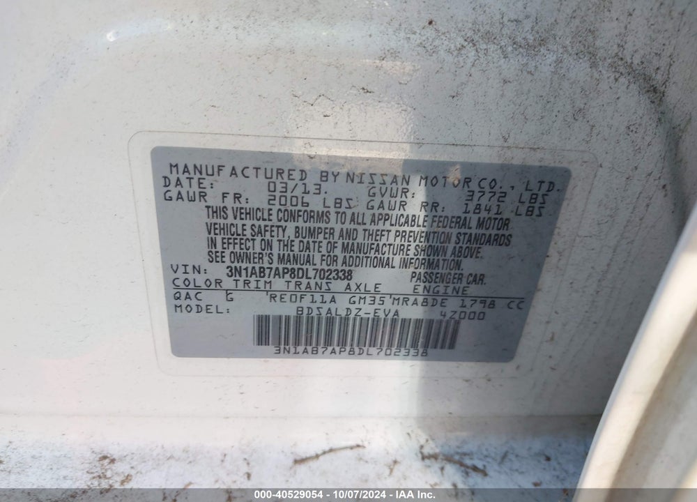 2013 NISSAN SENTRA SV VIN: 3N1AB7AP8DL702338