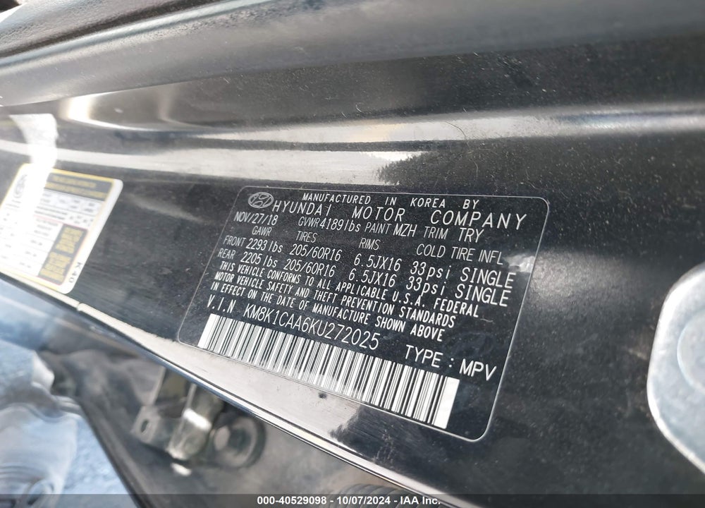 2019 HYUNDAI KONA SE VIN: KM8K1CAA6KU272025